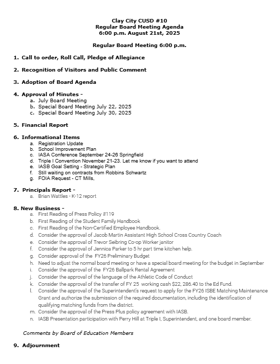 August BOE Meeting Agenda
