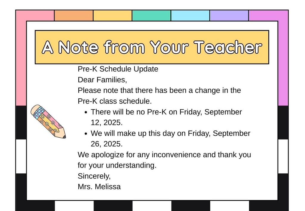 ‼️ATTENTION  PRE-K  PARENTS‼️ There has been a chance in the pre-k class schedule. There will be NO pre-k on Friday, September 12. They WILL HAVE class on Friday, September 26 to make up for missing on the 12th. We apologize for any inconvenience.