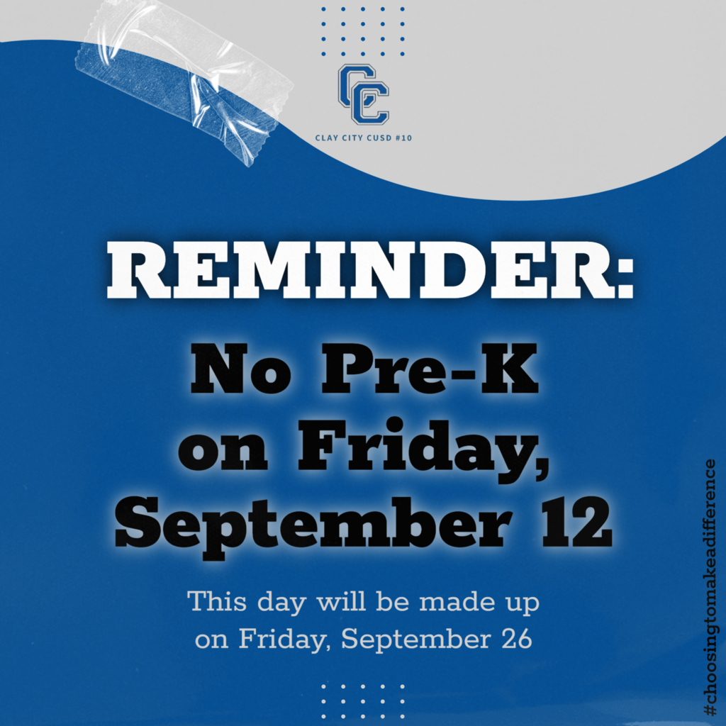 REMINDER: There will be NO pre-k TOMORROW - Friday, September 12. They make up the missed day on Friday, September 26. We apologize for any inconvenience.