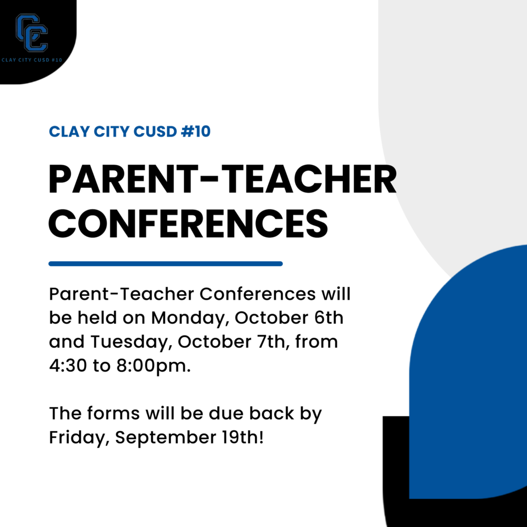 Parent-Teacher Conferences will be held on Monday, October 6th and Tuesday, October 7th, from 4:30 to 8:00pm. Forms have been sent home with students.  The forms will be due back by Friday, September 19th!