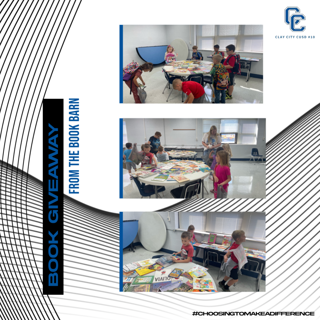 On Friday, Clay City K-2 elementary students participated in a book giveaway courtesy of the people at The Book Barn in Louisville, IL. Thank you for your generosity and thinking of our students!