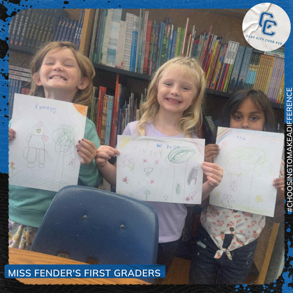 First graders Kaisley, Bella, and Nyla read The Three Little Monkeys and then drew a picture! Great work kids!