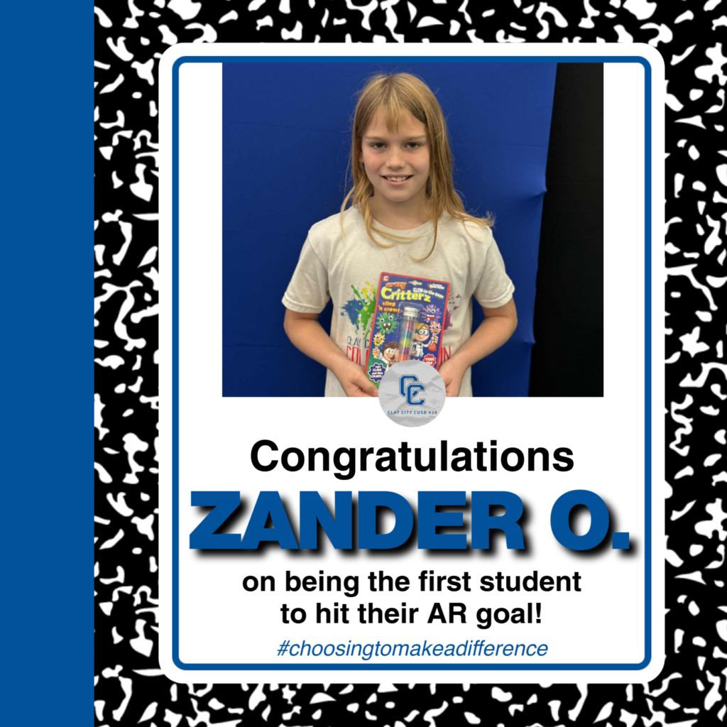 Congratulations to fourth grader Zander for reaching his Accelerated Reader goal! Zander received a small prize from Mrs. Goodrum for being the first student in the school to meet their goal. Great work Zander and keep reading!