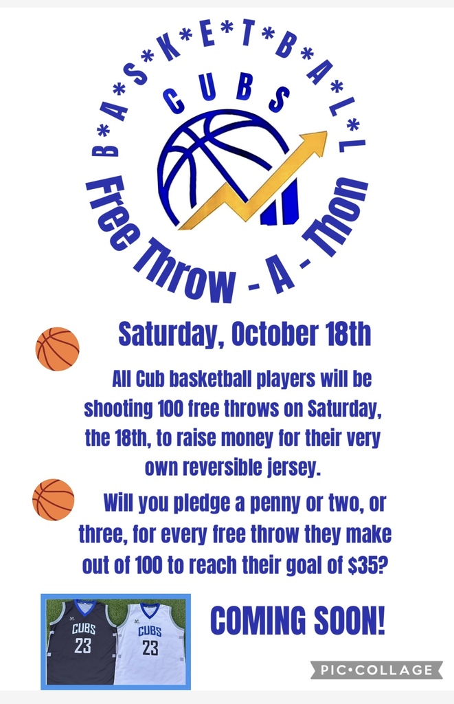 Saturday, October 18 CCJH Cubs Basketball will be having a free throw-a-thon! The athletes will be raising money for reversible practice jerseys. If you would like to make a pledge, reach out to a CCJH basketball player or Coach C for more information.
