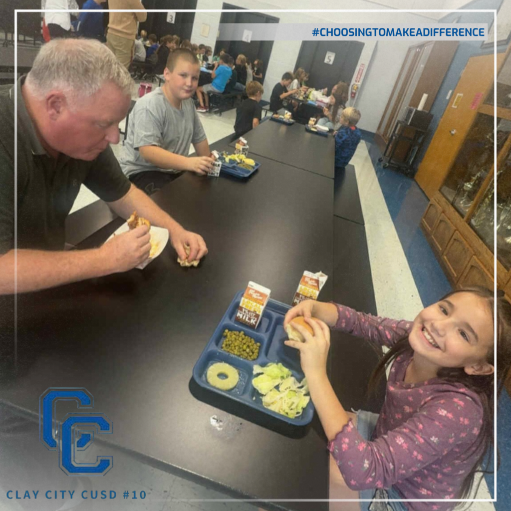 Superintendent Mr. Neubaum sits to have lunch with fourth grader Lynnx. At Clay City Schools making connections with the students is important to faculty and staff. Thank you Mr. Neubaum for leading by example!