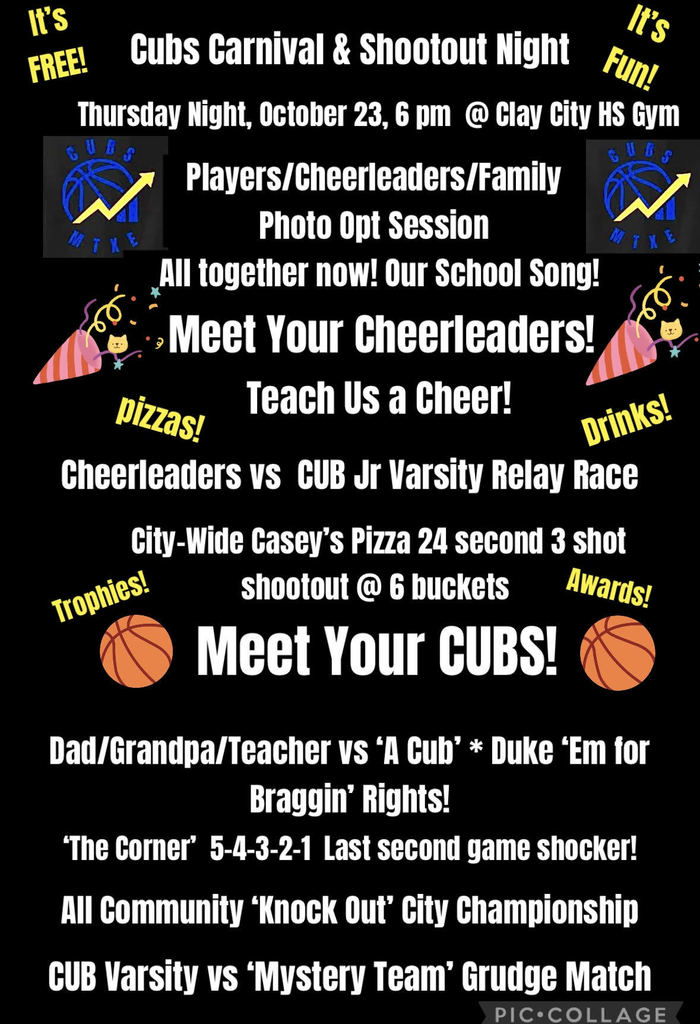 Mark your calendars! On Thursday, October 23, CCJH Basketball will be hosting the Cubs Carnival and Shootout Night! Festivities begin at 6pm in the HS Gym!