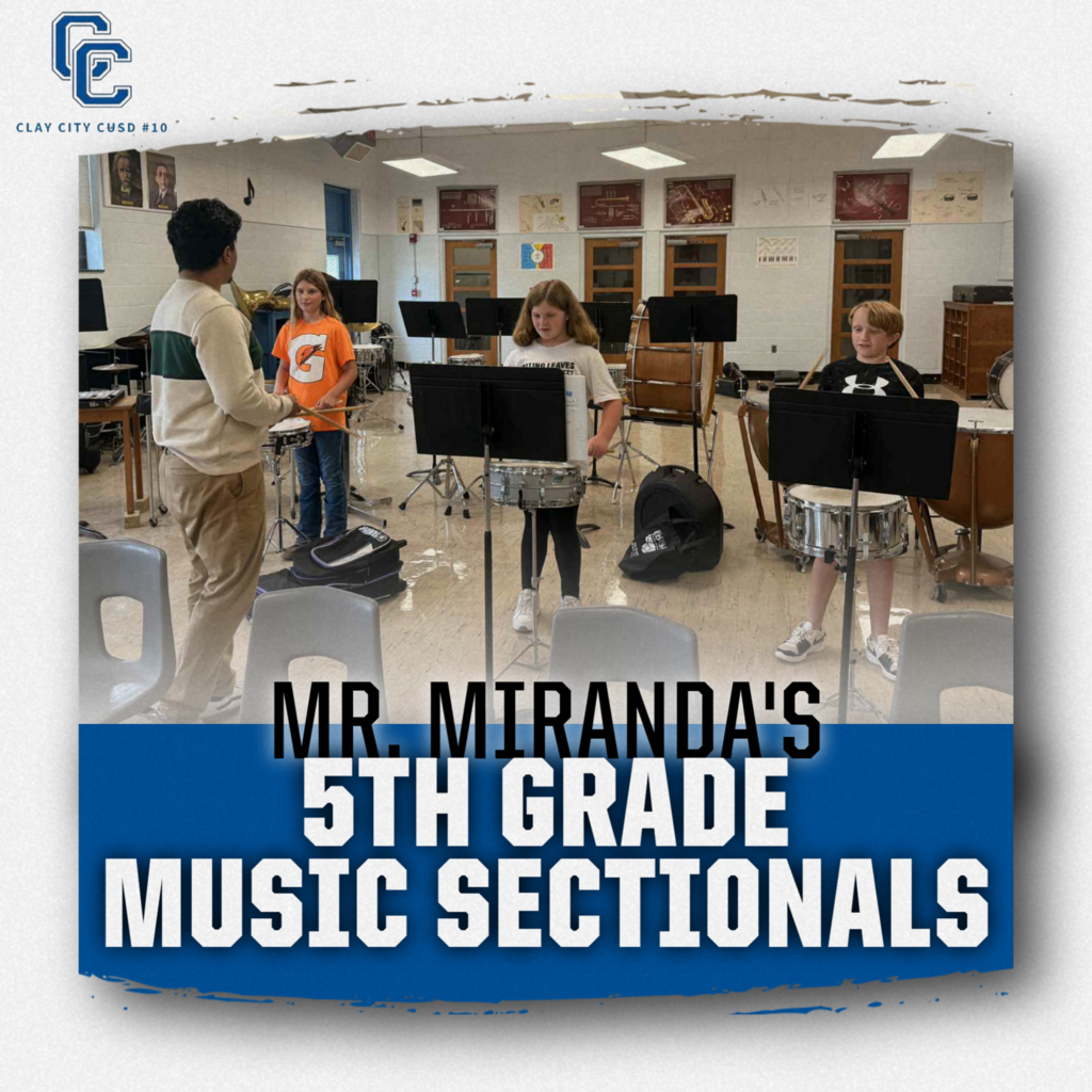 The beat is back at Clay City Schools! Fifth graders Masyn, Carrie-Ann, and Sterling work on their snare drums during music sectionals with Mr. Miranda.