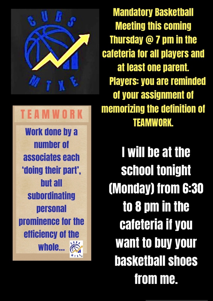 On Thursday, October 2, there will be a mandatory meeting for CCJH basketball team members and their parent/guardian at 7pm in the cafeteria.   Also, Coach C will be in the building tonight - Monday, September 29 - in the cafeteria if you'd like to purchase your basketball shoes from him.