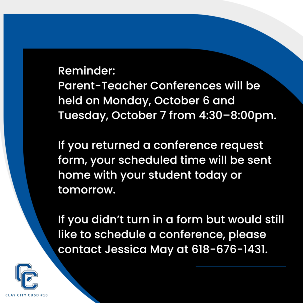 Parent-Teacher Conferences will be held on Monday, October 6 and Tuesday, October 7 from 4:30–8:00pm.
