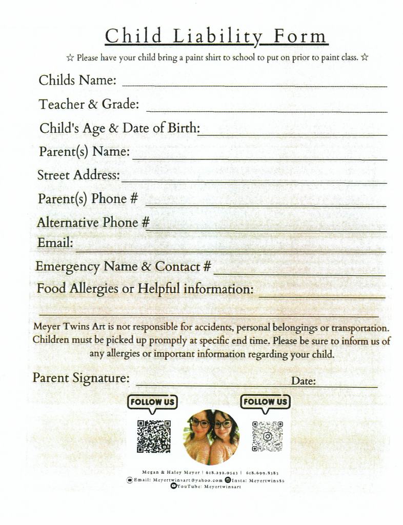 There will be a Meyer Art Evening on October 20. Forms are due back by Friday, October 17.  No late forms will be accepted.  The forms with payment can be turned into anyone in the Elementary/Unit Office. Please contact the Elementary/Unit Office if you have any questions.
