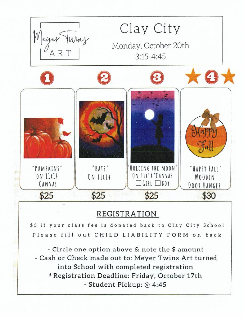 There will be a Meyer Art Evening on October 20. Forms are due back by Friday, October 17.  No late forms will be accepted.  The forms with payment can be turned into anyone in the Elementary/Unit Office. Please contact the Elementary/Unit Office if you have any questions.