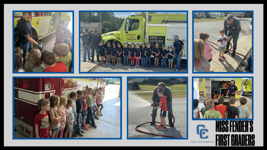 Last Friday, Miss Fender's first graders went on their annual visit to the Clay City Fire Department. Students learned about the firetrucks, how to use the big hose, and much more. Thank you to Clay City Fire for inviting the kids out and making it such an enjoyable learning experience!
