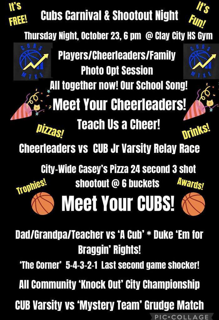 NEXT WEEK::: On Thursday, October 23, CCJH Basketball will be hosting the Cubs Carnival and Shootout Night! Festivities begin at 6pm in the HS Gym!