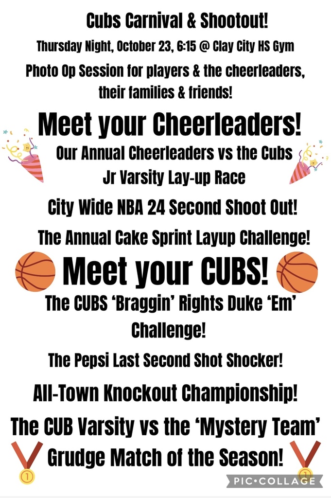TOMORROW NIGHT is our Cubs Carnival and Shootout! Come out, meet the 2025-2026 CCJH Basketball Team and Cheerleaders, and enjoy a night of fun!