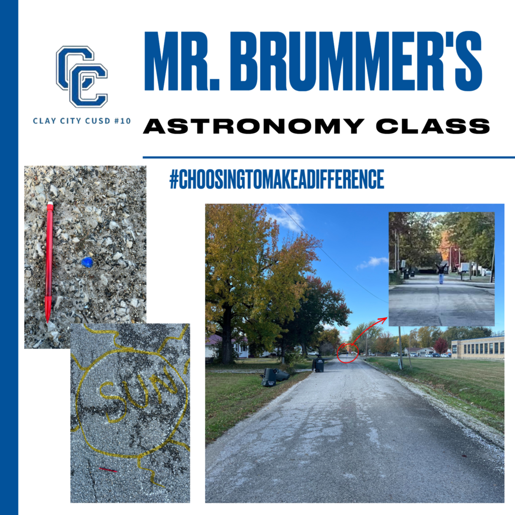 This week in Mr. Brummer's Astronomy class, students calculated how big the sun would be and the distance between the sun and the Earth if the Earth had a diameter of 1 centimeter. It turns out that the sun would have a diameter of about 1 meter and the distance between the sun and the Earth would be 351.5 feet! The students then created a scale model outside of the school. The blue dot represents the Earth.  Finally, they took a picture standing on "Earth" of a student standing on the "sun".  The student on the "sun" was so far away that they could barely be seen in the original photo, so the class cropped the photo to make sure the student was there.