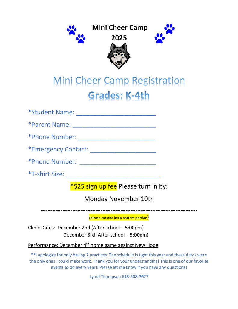 It's time for Mini Cheer Camp hosted by the CCJH Cheer Squad! Students grades K-4 are invited to join in on the fun. The clinics will be held on December 2nd and December 3rd, beginning right after school until 5:00pm. Camp participants will perform on December 4th as the CCJH Cubs take on New Hope. If interested, registration forms and the $25 sign-up fee are due by Monday, November 10th. Questions? Contact Coach Thompson at lthompson@claycityschools.org.