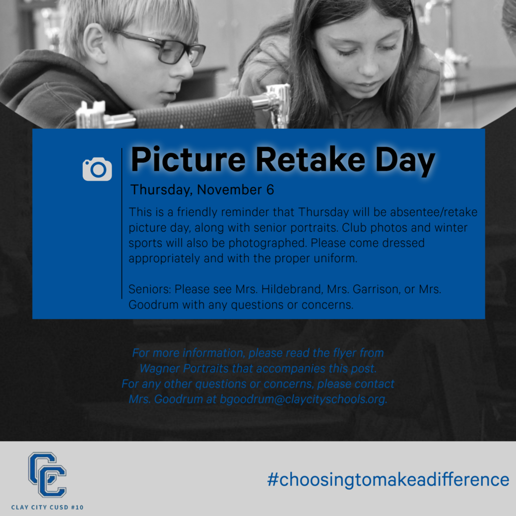 This is a friendly reminder that Thursday, November 6 will be absentee/retake picture day, along with senior portraits. Club photos and winter sports will also be photographed. Please come dressed appropriately and with the proper uniform. Seniors: Please see Mrs. Hildebrand, Mrs. Garrison, or Mrs. Goodrum with any questions or concerns. For more information, please read the flyer from Wagner Portraits that accompanies this post. For any other questions or concerns, please contact Mrs. Goodrum or Mrs. Ahlfield or 618-676-1431.