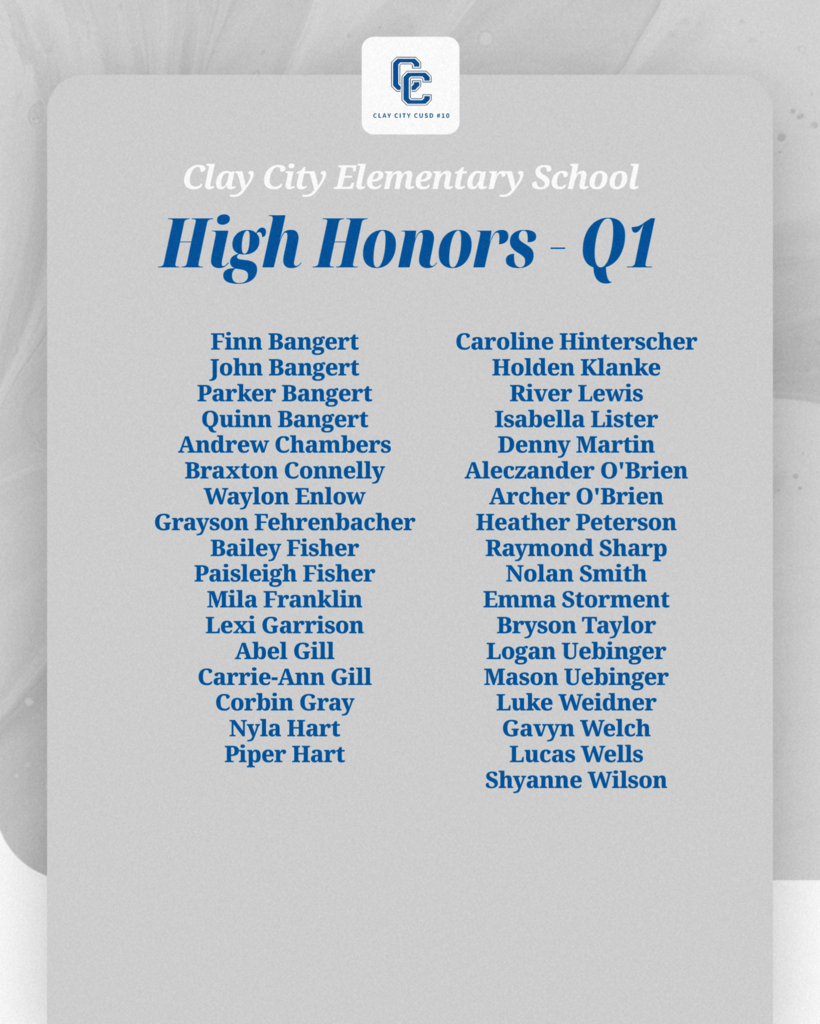 Congratulations to our Clay City Elementary students who made the honor rolls or had perfect attendance during the 1st quarter! Great work!