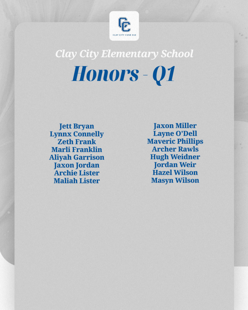 Congratulations to our Clay City Elementary students who made the honor rolls or had perfect attendance during the 1st quarter! Great work!