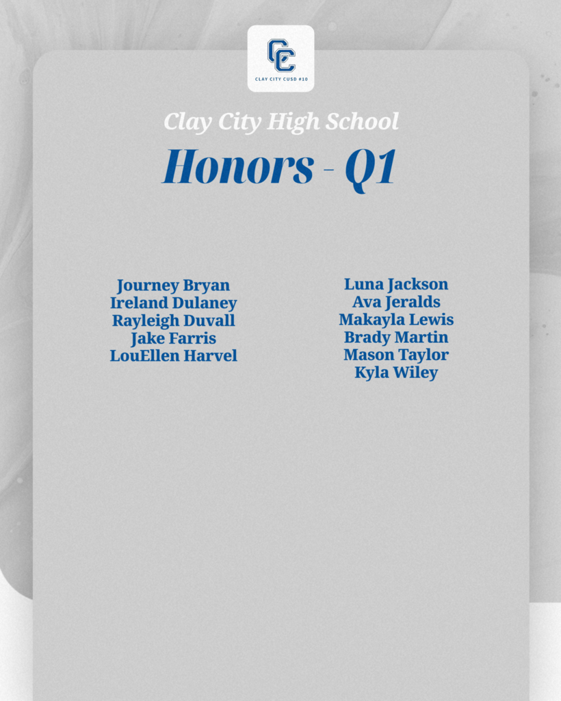 Congratulations to our Clay City High School students who made the honor rolls or had perfect attendance during the 1st quarter! Way to go!