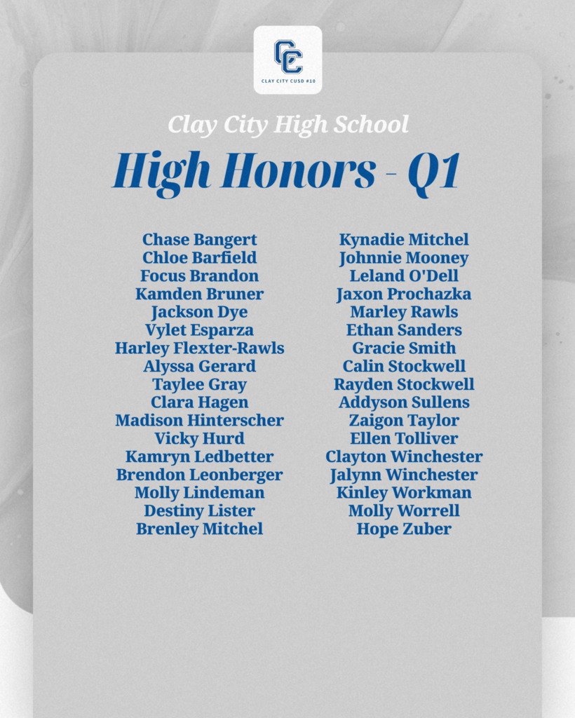 Congratulations to our Clay City High School students who made the honor rolls or had perfect attendance during the 1st quarter! Way to go!