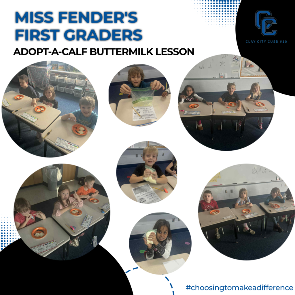 Every month Miss Fender's first graders get their Adopt-A-Calf update which tells them all about how cows grow and how we get dairy products. This month one of the activities was buttermilk. The class talked about the different stages: whipped cream, buttermilk, and butter. They first tried making butter with a mason jar but it broke, so the class shook cream in a bag. Eventually they had to mix the cream in the carton. They had a lot of fun and the kids loved the butter! They taste-tested their butter on crackers. 