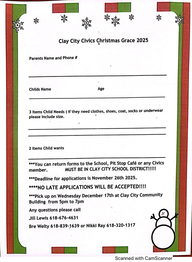 Clay City Civics Christmas Grace 2025 is underway. To partake, students must be in the Clay City School District. Applications are due November 26 and no late applicants will be accepted. Forms can be dropped off at Clay City Schools, Pit Stop Cafe, or to any Civics member. Pickup will be Wednesday, December 17 at the Clay City Community Building from 5-7pm. 