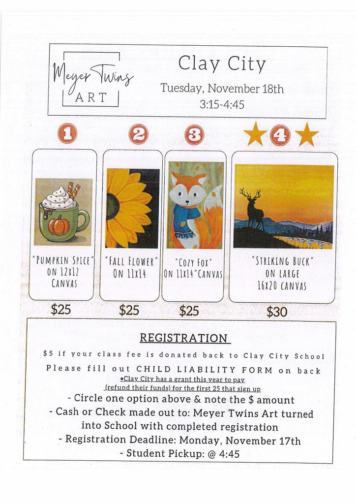 Meyer Art will be at Clay City Schools on Tuesday, November 18. Registration is due Monday, November 17.