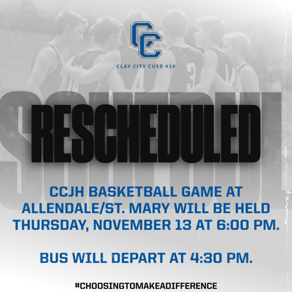 CCJH Basketball game at Allendale/St. Mary will be held Thursday, November 13 at 6:00pm. The bus will depart at 4:30pm.