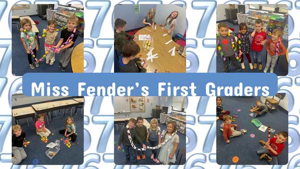 Miss Fender's first graders celebrated the 67th day of school by building patterns/designs with 67 shapes, built with 67 blocks, and worked in small groups to build a paper chain with 67 pieces of paper!
