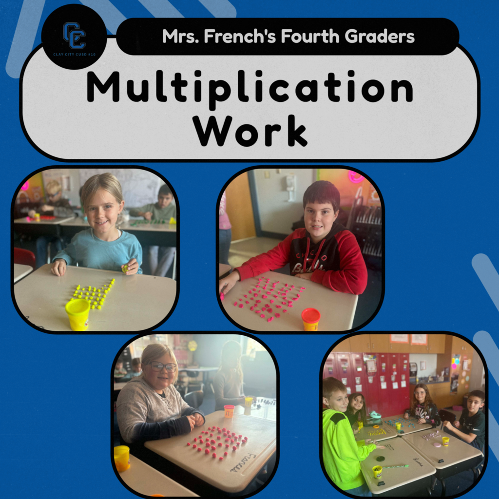 Mrs. French's fourth graders practiced multiplication with arrays using Play-Doh after a long morning of benchmark testing on Tuesday. Great work students!