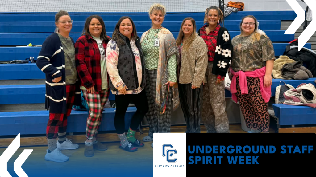 Clay City CUSD 10 employees had an Underground Staff Spirit Week. Staff must have been having too much fun because only one picture was snagged for the whole week! Teachers participated in a pajama day, an all-black day, mismatch day, anything but a cup, and rhyme without reason. The students enjoyed trying to figure out what would be the next day's theme!