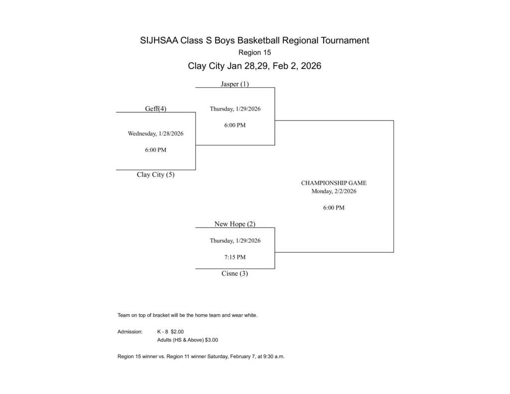 The SIJHSAA Class S Boys Basketball Regional Tournament • Region 15 will be held on January 28-29 and February 2, 2026 at Clay City.