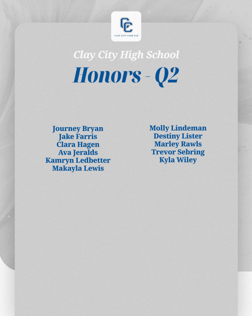 Clay City CUSD #10 would like to acknowledge its honor and high honor roll students for the second quarter. Congratulations and job well done students!