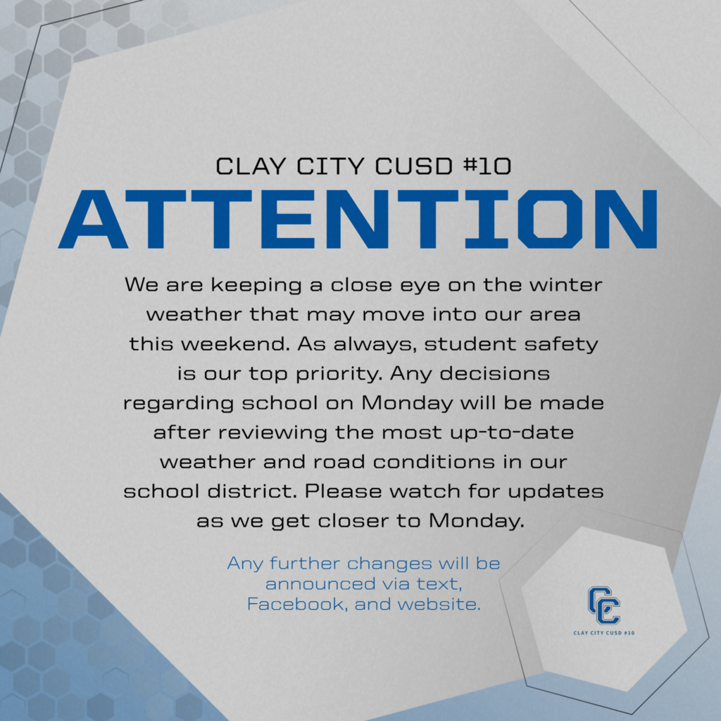We are keeping a close eye on the winter weather that may move into our area this weekend. As always, student safety is our top priority. Any decisions regarding school on Monday will be made after reviewing the most up-to-date weather and road conditions in our school district. Please watch for updates as we get closer to Monday.