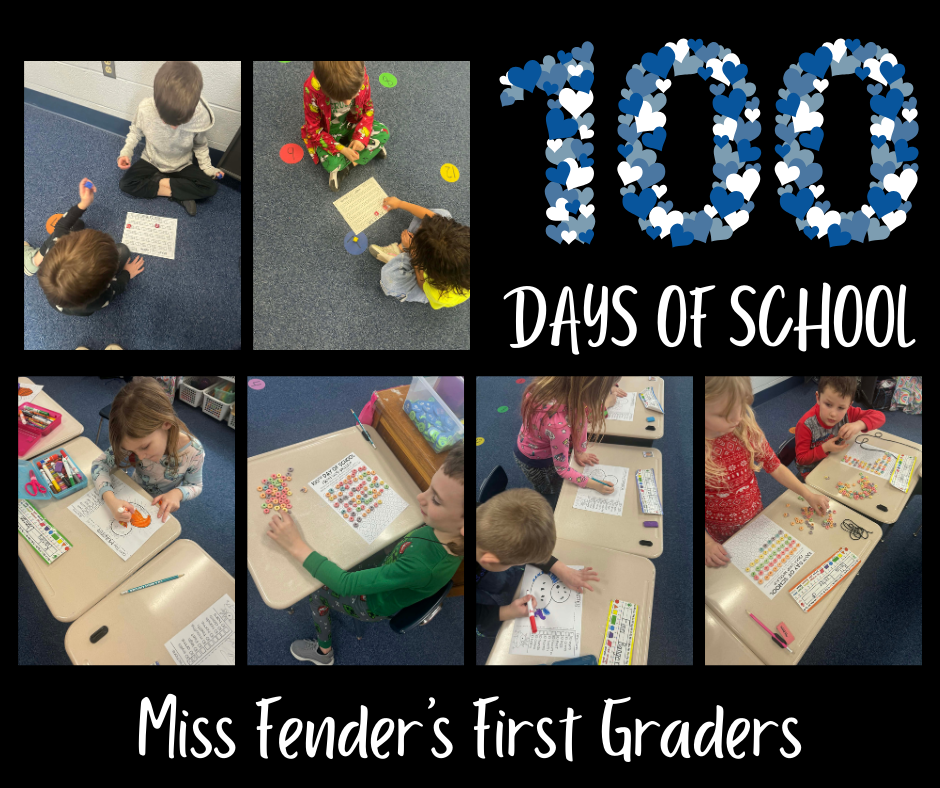 Miss Fender's first graders had a great 100th day celebration! They made a 100 day monster, raced to 100, made necklaces with 100 fruit loops, and did the 100 licks challenge.