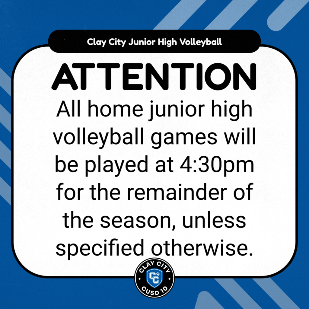 All home junior high volleyball games will be played at 4:30pm for the remainder of the season, unless specified otherwise.