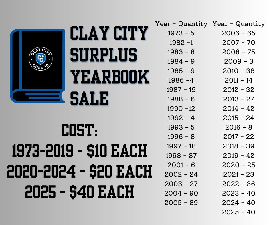 Forgot to order a yearbook when you were school? Perhaps we can help! Clay City Yearbook is selling surplus yearbooks at a low cost. All proceeds will be put back into the yearbook fund to ensure we can continue to put out a quality book year after year. Yearbooks listed from 1973-2019 will be $10 each, while 2020-2024 will be $20, and 2025 is still available for $40. Please contact Mrs. Goodrum at bgoodrum@claycityschools.org or at 618.676.1431 to reserve a copy today.
