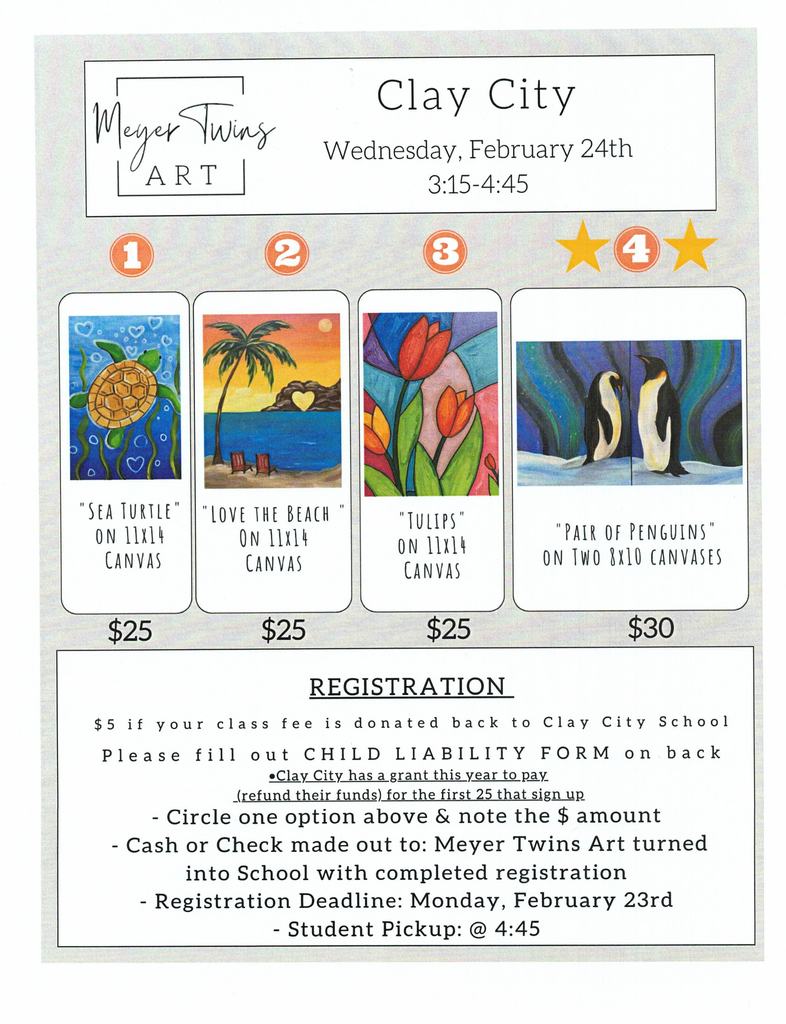 Meyer Art will be at Clay City Schools on Wednesday, February 24. Please see attached flyers for more information or contact the school at 618.676.1431 for more information.