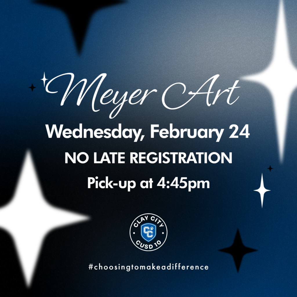 Meyer Art will be at Clay City Schools on Wednesday, February 24. Please see attached flyers for more information or contact the school at 618.676.1431 for more information.