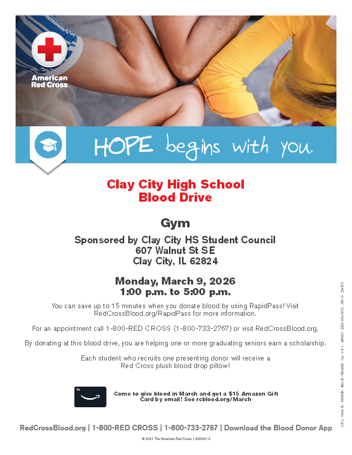 NEXT WEEK: CCHS Student Council is holding a blood drive on Monday, March 9 from 1:00pm-5:00pm. CCHS is only 14 units away from a scholarship for one of its senior Student Council members. Please consider donating to help save lives and one of our seniors! Click the link below to schedule your appointment! https://www.redcrossblood.org/give.html/drive-results?zipSponsor=ClayCityHS