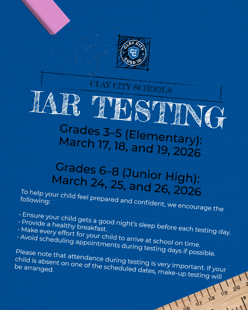 Grades 3–5 (Elementary): March 17, 18, and 19, 2026 Grades 6–8 (Junior High): March 24, 25, and 26, 2026 The IAR is a statewide assessment that measures student progress in English Language Arts and Mathematics and provides valuable information about academic growth and readiness for the next grade level. To help your child feel prepared and confident, we encourage the following: Ensure your child gets a good night’s sleep before each testing day. Provide a healthy breakfast. Make every effort for your child to arrive at school on time. Avoid scheduling appointments during testing days if possible. Please note that attendance during testing is very important. If your child is absent on one of the scheduled dates, make-up testing will be arranged.