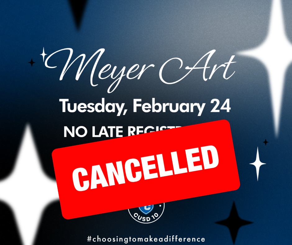 Tomorrow's (Tuesday, February 24) Meyer Art event has been cancelled due to low enrollment. Everyone will be refunded and parents may pick up their refund in the district office. The next scheduled Meyer Art event will be Wednesday, May 6.