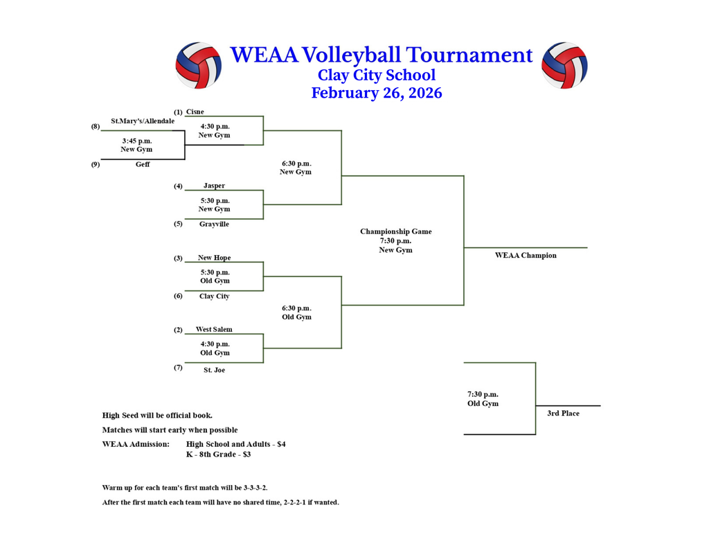 Clay City will be hosting the WEAA Volleyball Tournament on Thursday, February 26. Both gyms will be bustling with action. Clay City takes the Old Gym court at 5:30pm. Come out and support these girls in tournament play!