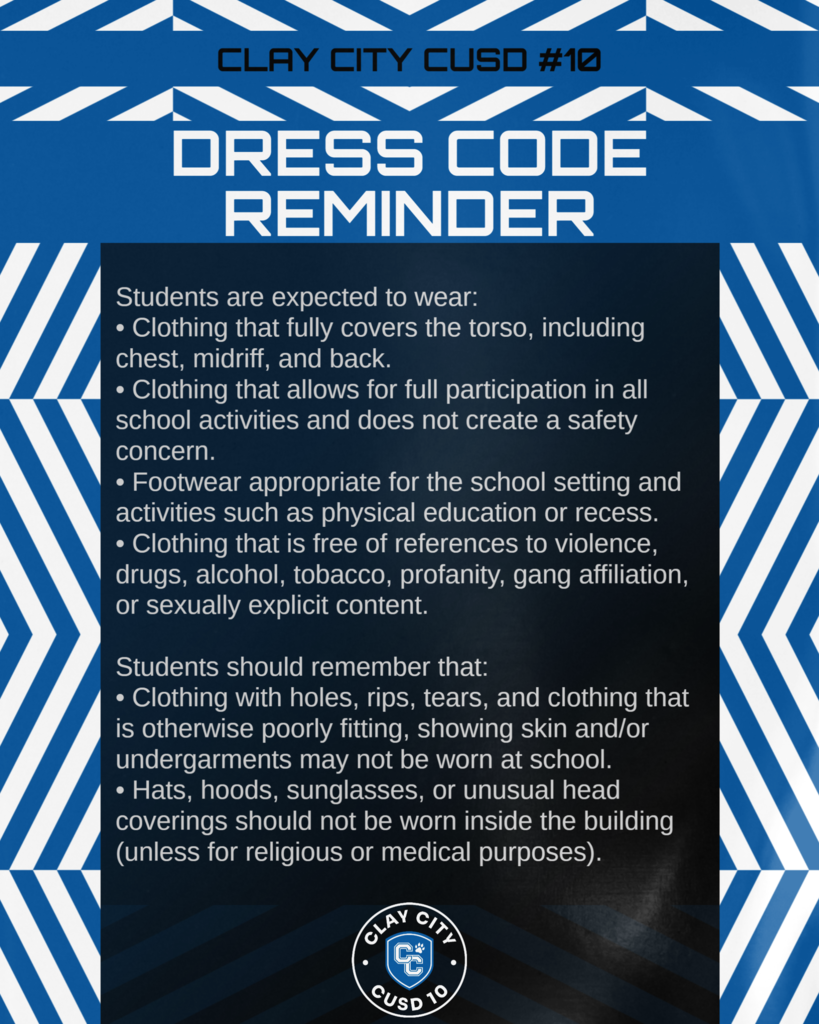 With warmer temperatures on the horizon, it's important to remember the school's dress code policy. Please discuss expectations with your student.