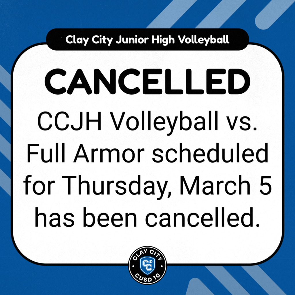CCJH Volleyball vs. Full Armor scheduled for Thursday, March 5 has been cancelled.