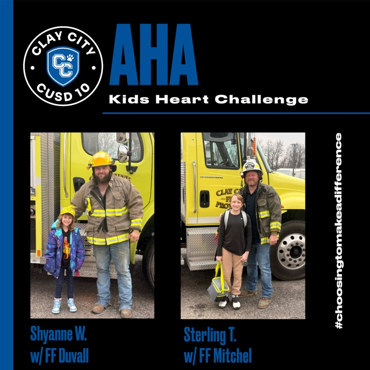 Congratulations again to Shyanne W. and Sterling T. for being Clay City's top fundraisers for the American Heart Association's Kids Heart Challenge!