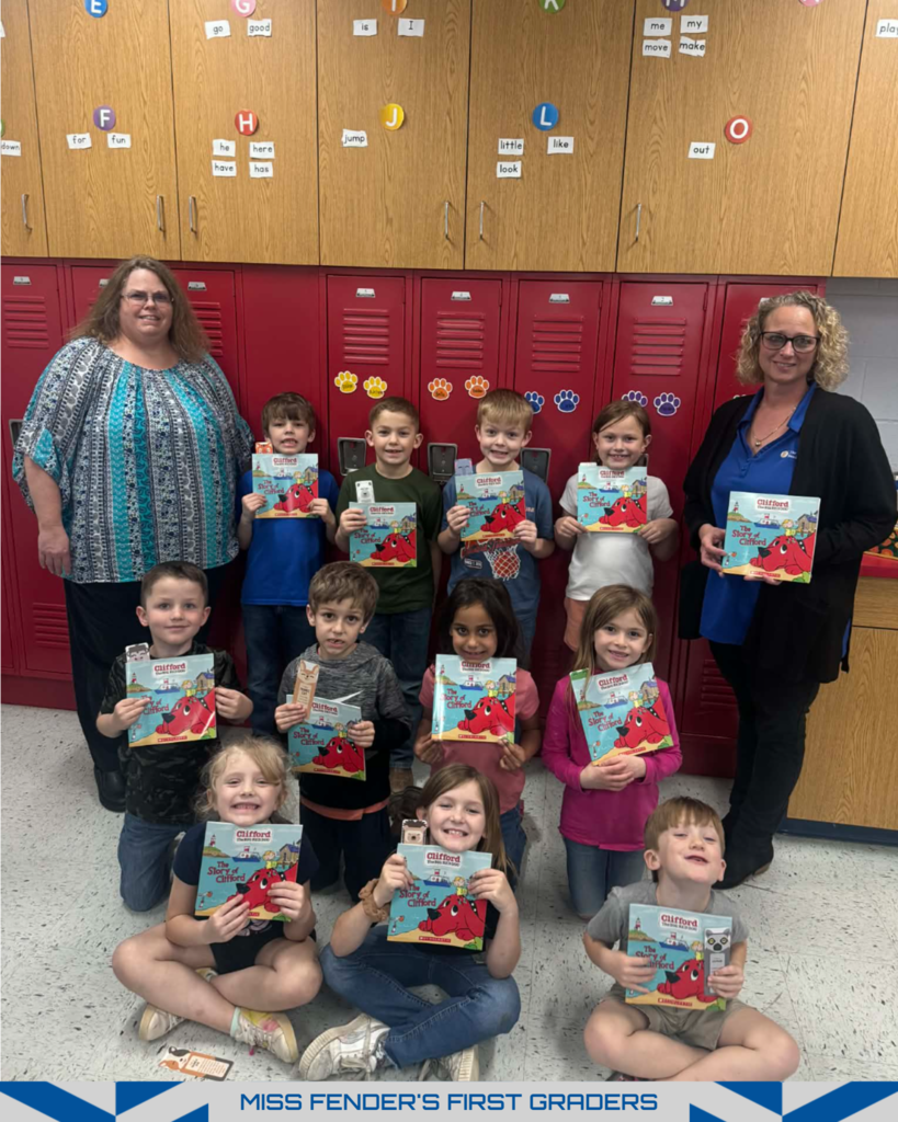 The Clay City Banking Company visited first graders in Miss Fender’s class and read The Story of Clifford. And in Mrs. Yates’ kindergarten class visit, the bank read Little Bear’s Special Friend. Following the read-aloud, students did a basic math worksheet adding nickels and pennies. The students were so excited to receive the books and bookmarks. Thank you Clay City Banking Company for again supporting our students!
