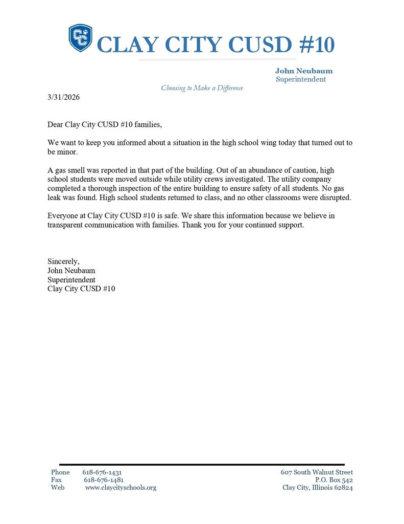 A note from Superintendent Neubaum concerning gas odor on Tuesday, March 31.