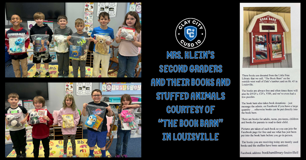 Mrs. Klein’s second graders pose with their books and stuffed animals courtesy of “The Book Barn” in Louisville. The Book Barn free library is located on the west wall of Zink's Lumber Yard in Louisville. Thank you for thinking of our students and for sharing a love of literacy!
